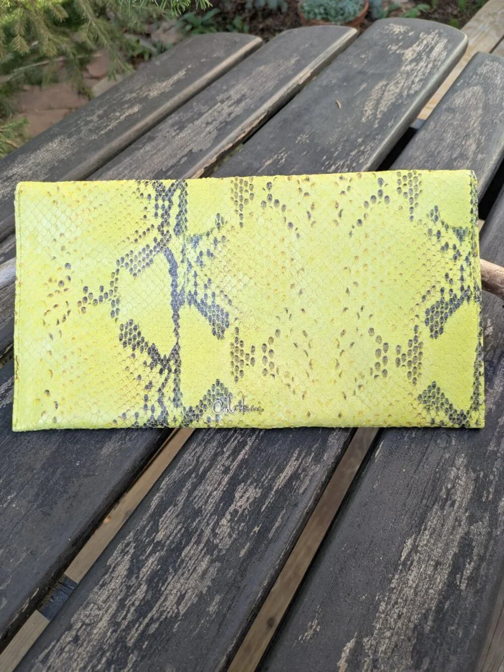 Cole Haan Neon Yellow Snakeskin Embossed Leather Envelope Clutch Bag.